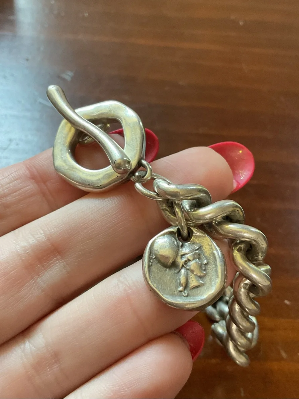 Vintage Silver Plated Warrior Pegasus Charm Toggle Clasp Chain Link Bracelet